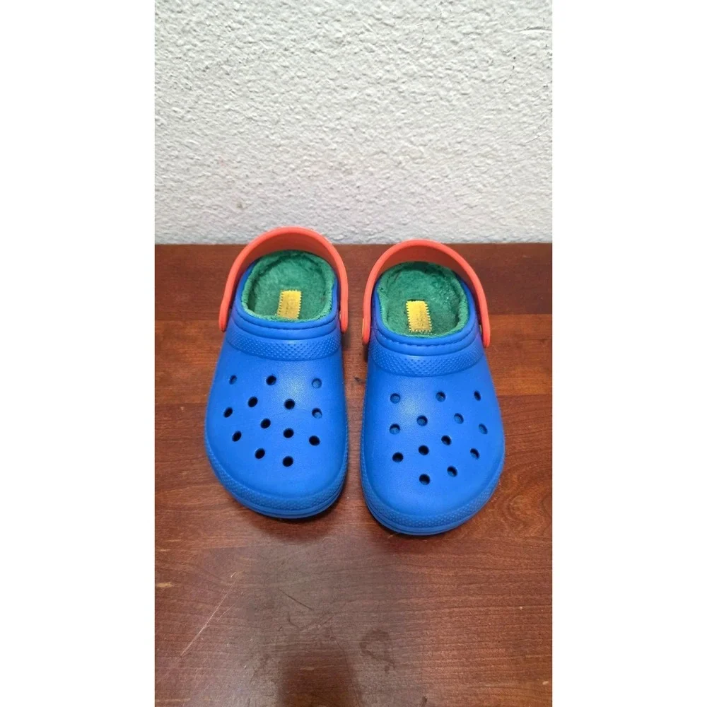 Crocs Kids‎ Blue Clogs Blue Orange Strap & Green Fleece Lining Size j 1